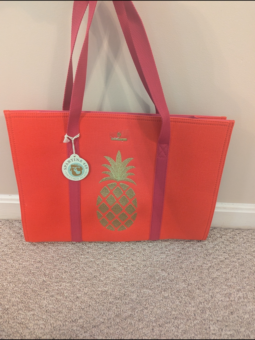 Spartina Caryall Tote Gold Pineapple In Orange And Pink Canvass